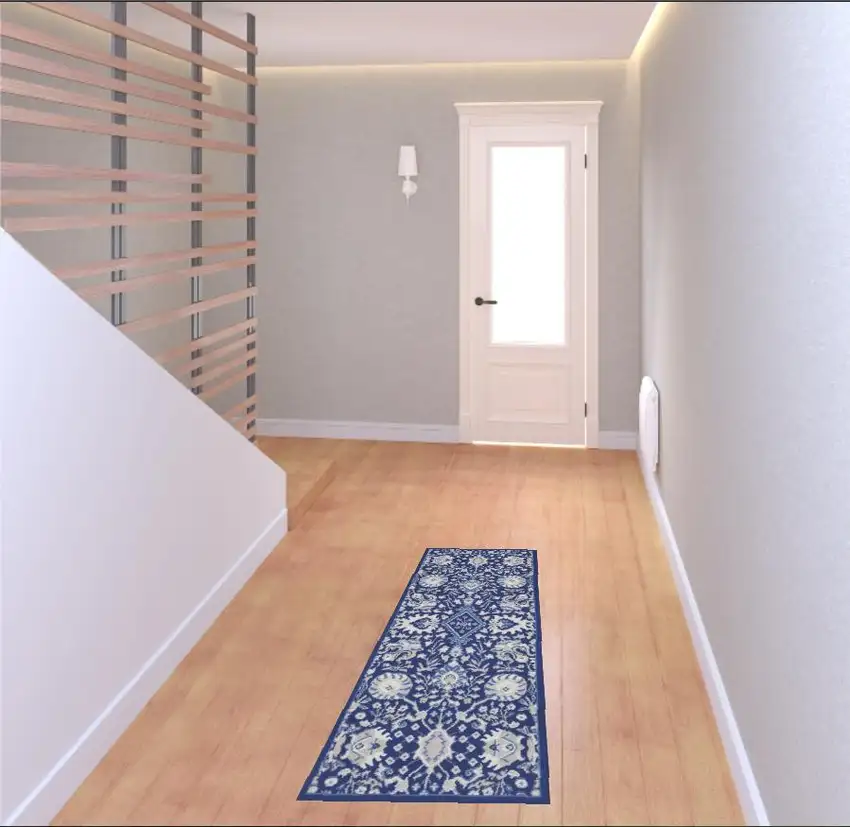 6' Blue And Ivory Floral Runner Rug Photo 1