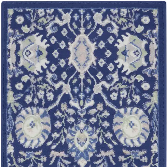 6' Blue And Ivory Floral Runner Rug Photo 8