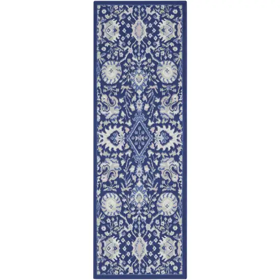 6' Blue And Ivory Floral Runner Rug Photo 6
