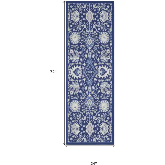 6' Blue And Ivory Floral Runner Rug Photo 3