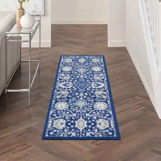 6' Blue And Ivory Floral Runner Rug Photo 5