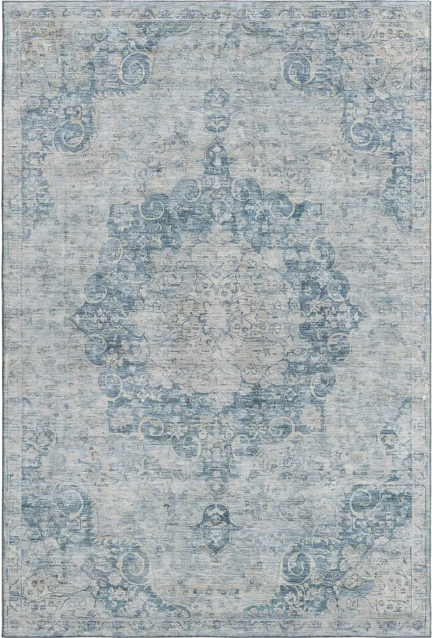 8' Blue And Ivory Floral Washable Area Rug With UV Protection Photo 1
