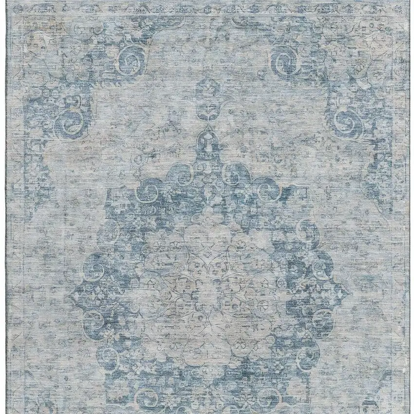 8' Blue And Ivory Floral Washable Area Rug With UV Protection Photo 3