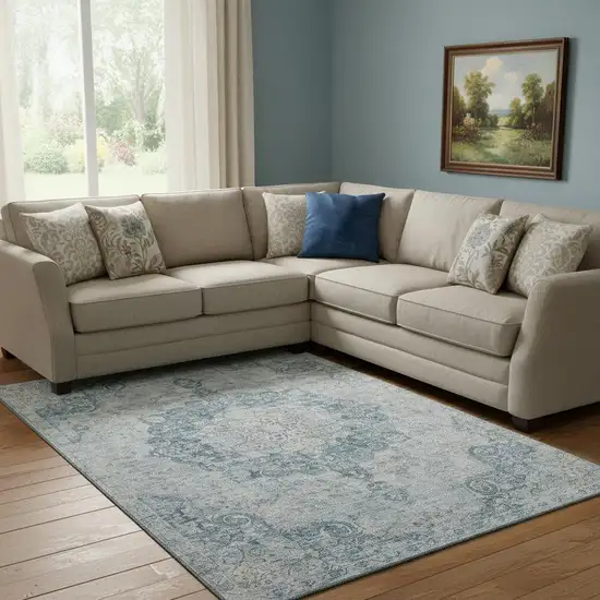 8' Blue And Ivory Floral Washable Area Rug With UV Protection Photo 2