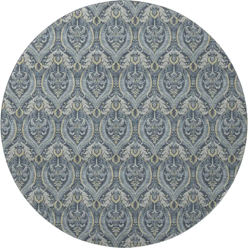8' Blue And Ivory Floral Washable Round Rug With UV Protection Photo 3