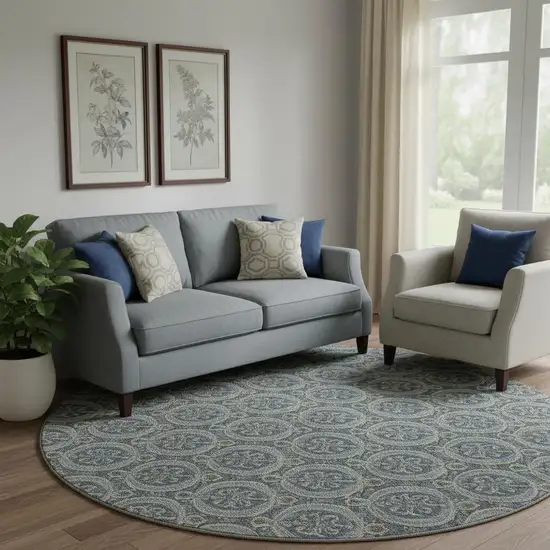 8' Blue And Ivory Floral Washable Round Rug With UV Protection Photo 1