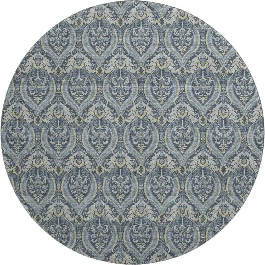 8' Blue And Ivory Floral Washable Round Rug With UV Protection Photo 1