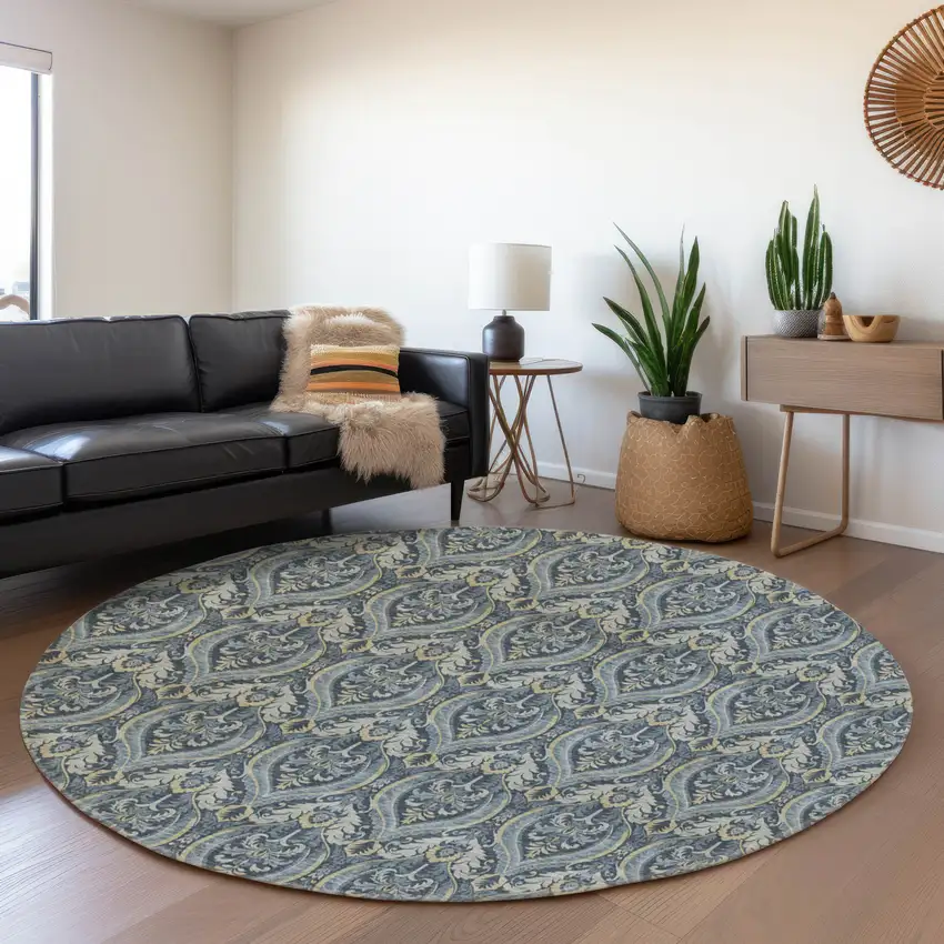 8' Blue And Ivory Floral Washable Round Rug With UV Protection Photo 4