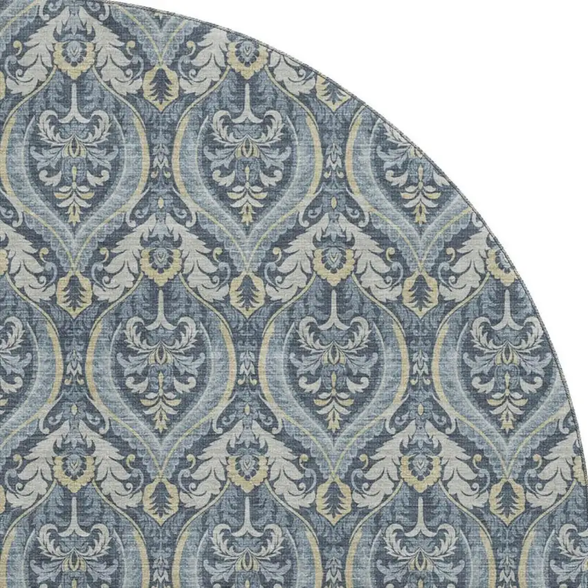 8' Blue And Ivory Floral Washable Round Rug With UV Protection Photo 2