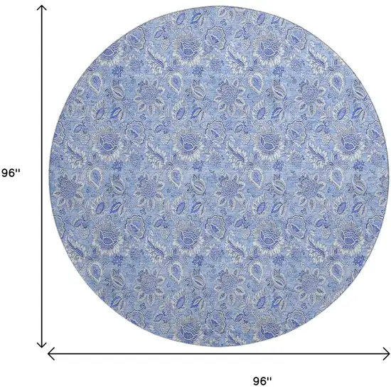 8' Blue And Ivory Floral Washable Round Rug With UV Protection Photo 9