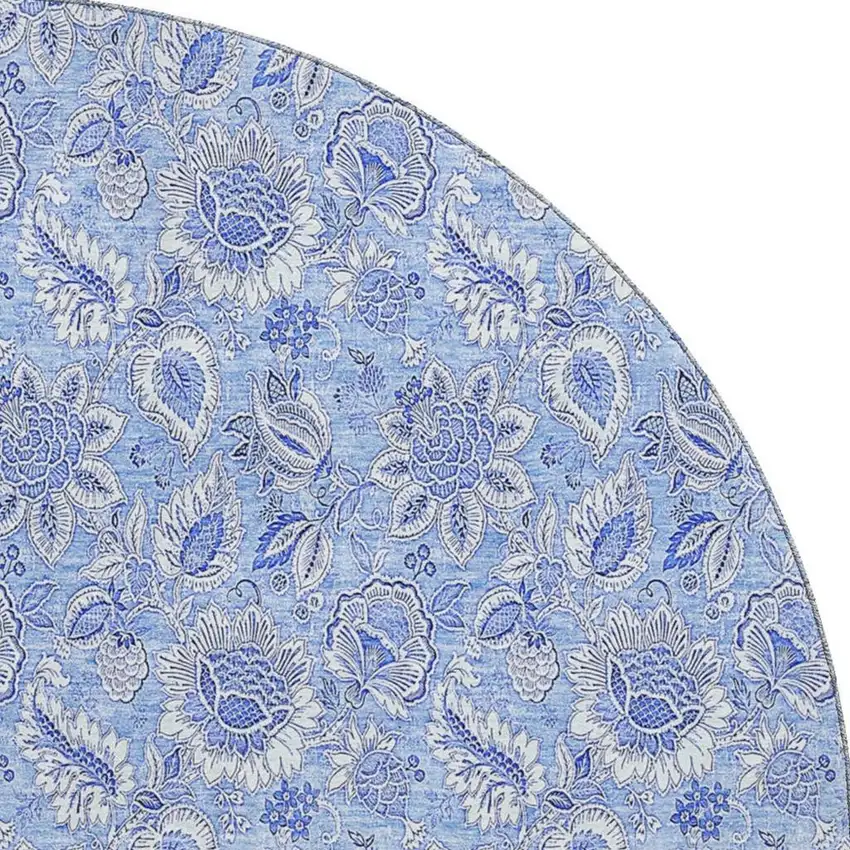 8' Blue And Ivory Floral Washable Round Rug With UV Protection Photo 2