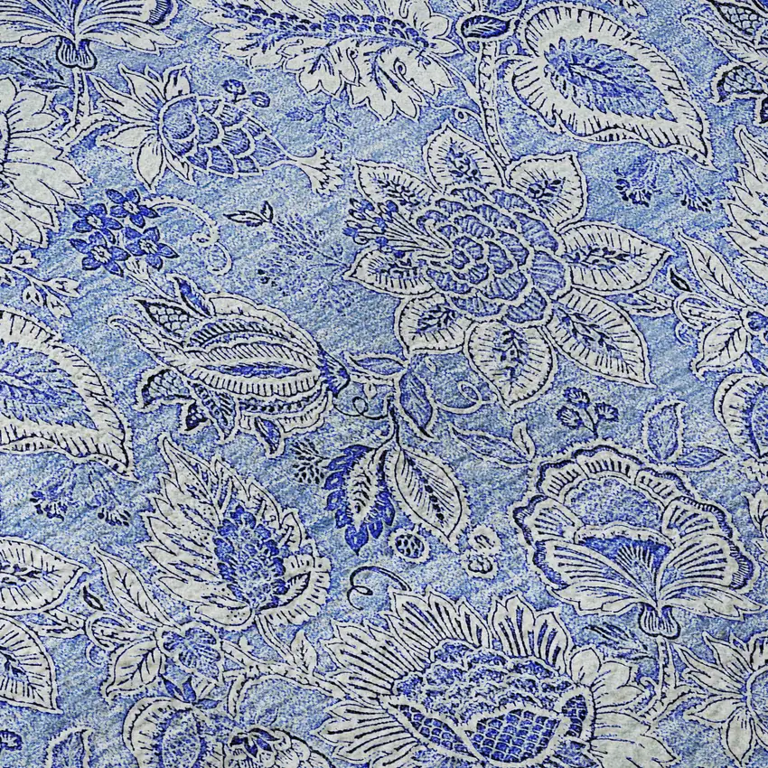 8' Blue And Ivory Floral Washable Round Rug With UV Protection Photo 8