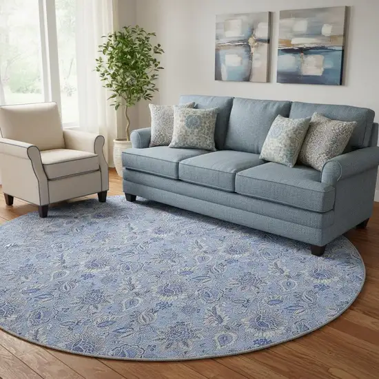 8' Blue And Ivory Floral Washable Round Rug With UV Protection Photo 1