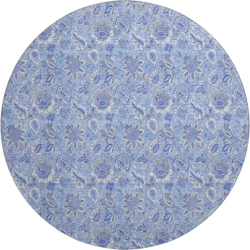 8' Blue And Ivory Floral Washable Round Rug With UV Protection Photo 1