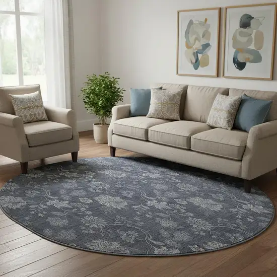 8' Blue And Ivory Floral Washable Round Rug With UV Protection Photo 1
