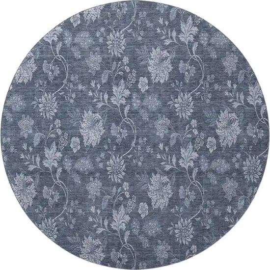 8' Blue And Ivory Floral Washable Round Rug With UV Protection Photo 3