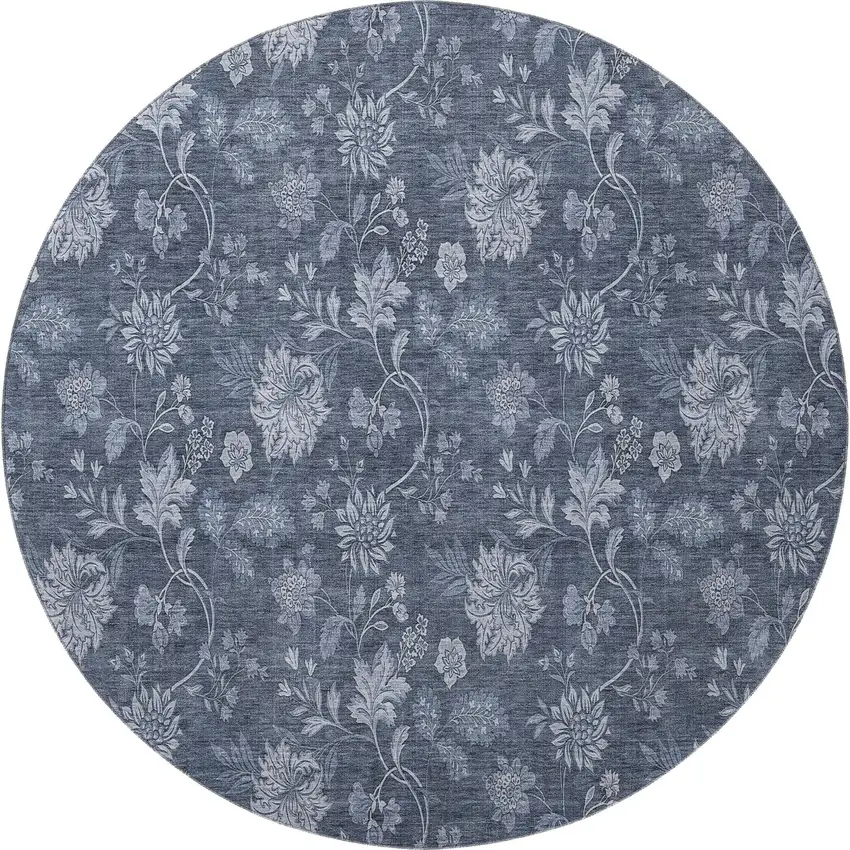 8' Blue And Ivory Floral Washable Round Rug With UV Protection Photo 3