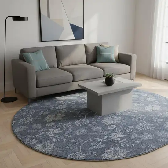 8' Blue And Ivory Floral Washable Round Rug With UV Protection Photo 2