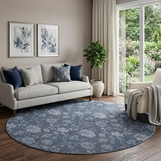 8' Blue And Ivory Floral Washable Round Rug With UV Protection Photo 1