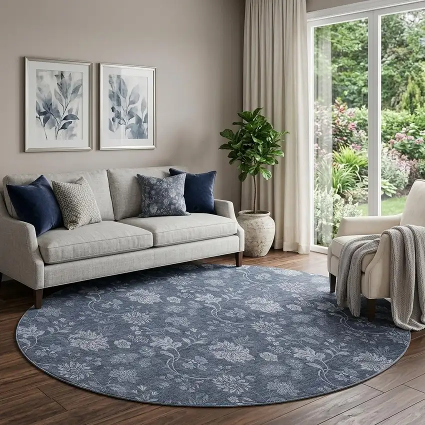 8' Blue And Ivory Floral Washable Round Rug With UV Protection Photo 1