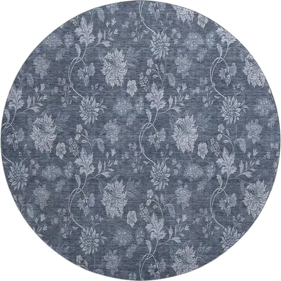 8' Blue And Ivory Floral Washable Round Rug With UV Protection Photo 1