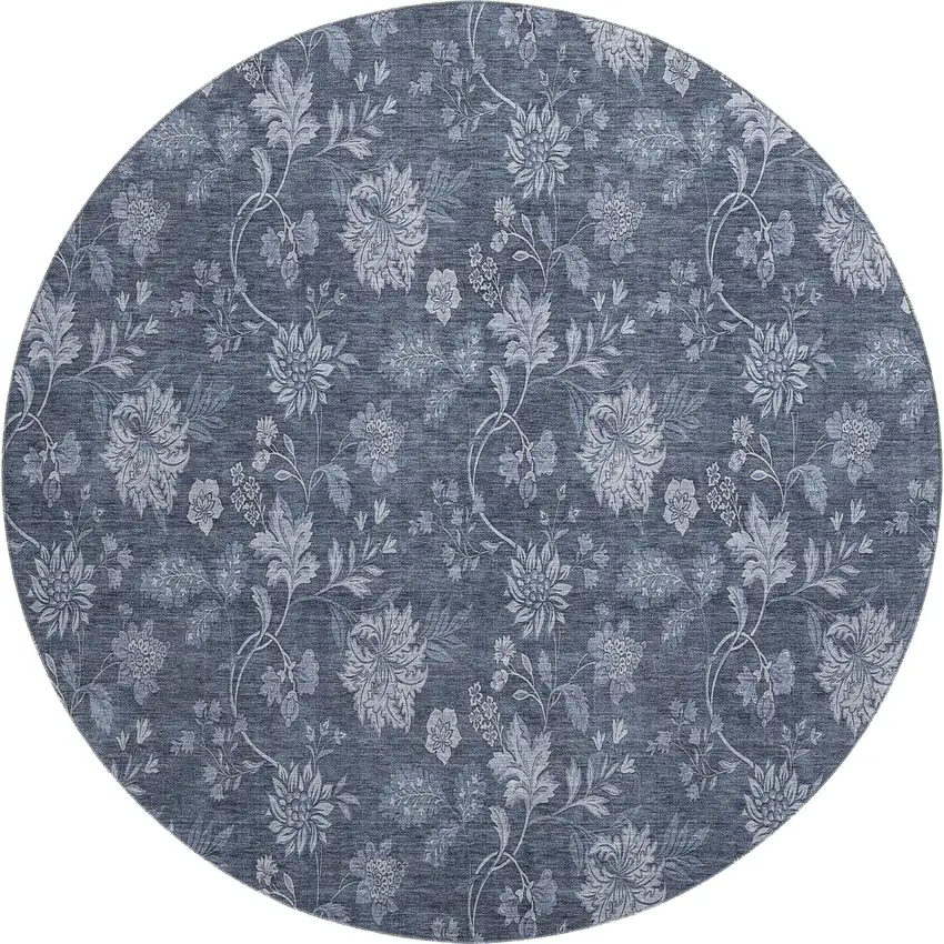 8' Blue And Ivory Floral Washable Round Rug With UV Protection Photo 1