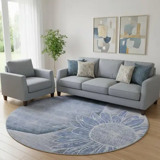 8' Blue And Ivory Floral Washable Round Rug With UV Protection Photo 1