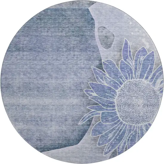 8' Blue And Ivory Floral Washable Round Rug With UV Protection Photo 1