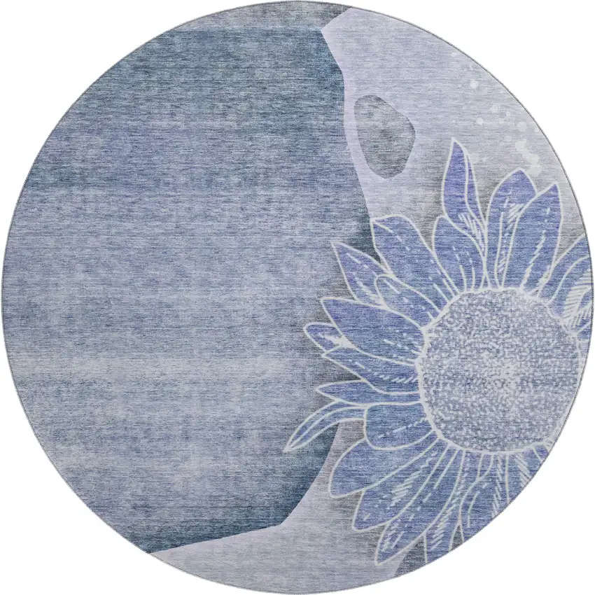 8' Blue And Ivory Floral Washable Round Rug With UV Protection Photo 1