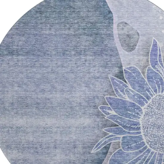 8' Blue And Ivory Floral Washable Round Rug With UV Protection Photo 3
