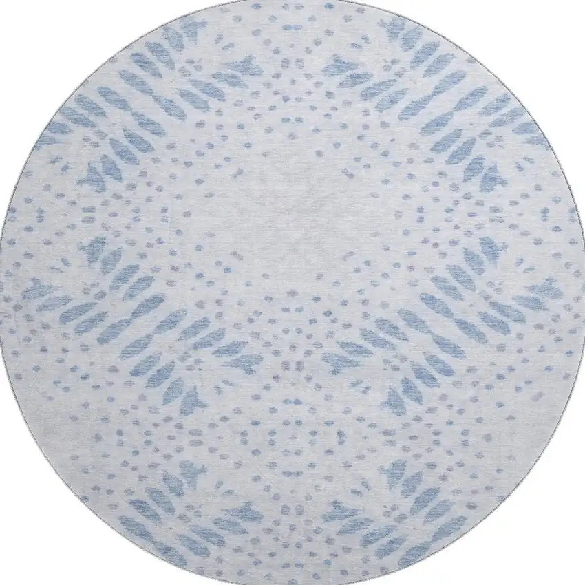 8' Blue And Ivory Floral Washable Round Rug With UV Protection Photo 4