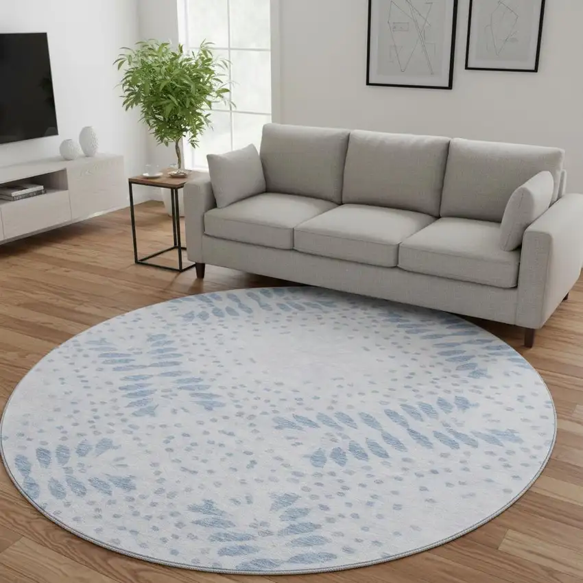8' Blue And Ivory Floral Washable Round Rug With UV Protection Photo 2