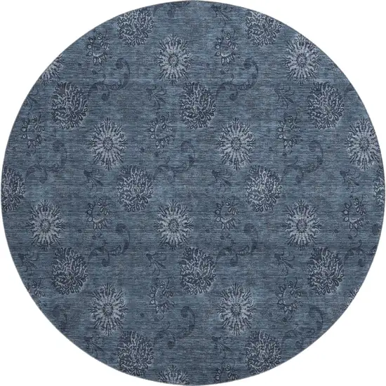 8' Blue And Ivory Floral Washable Round Rug With UV Protection Photo 1