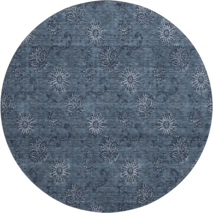 8' Blue And Ivory Floral Washable Round Rug With UV Protection Photo 1