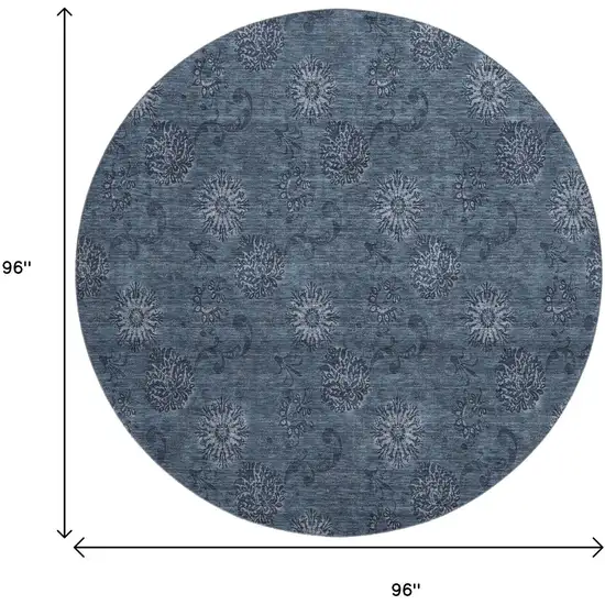 8' Blue And Ivory Floral Washable Round Rug With UV Protection Photo 3