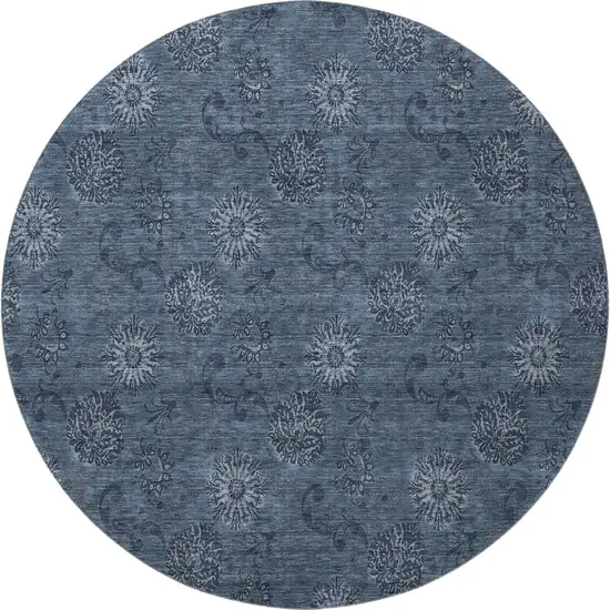 8' Blue And Ivory Floral Washable Round Rug With UV Protection Photo 4