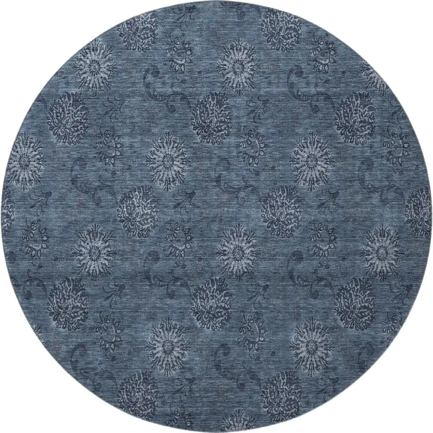 8' Blue And Ivory Floral Washable Round Rug With UV Protection Photo 4