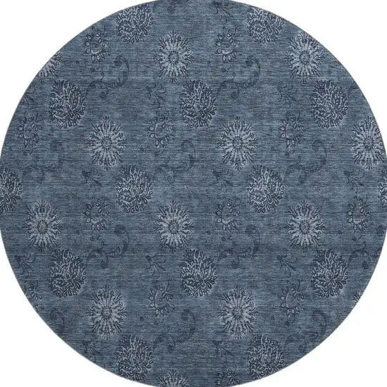 8' Blue And Ivory Floral Washable Round Rug With UV Protection Photo 3