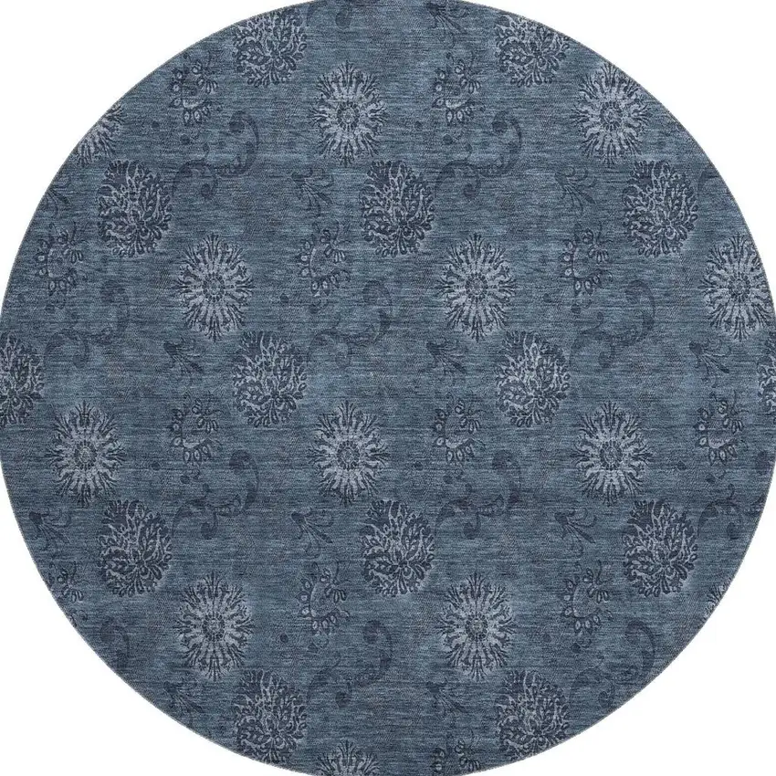 8' Blue And Ivory Floral Washable Round Rug With UV Protection Photo 3
