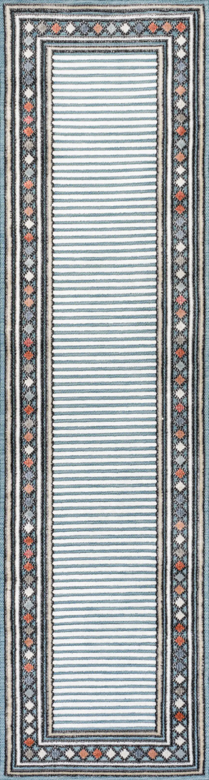 8' Blue And Ivory Geometric Indoor Outdoor Runner Rug Photo 1