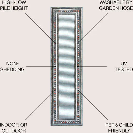 8' Blue And Ivory Geometric Indoor Outdoor Runner Rug Photo 8