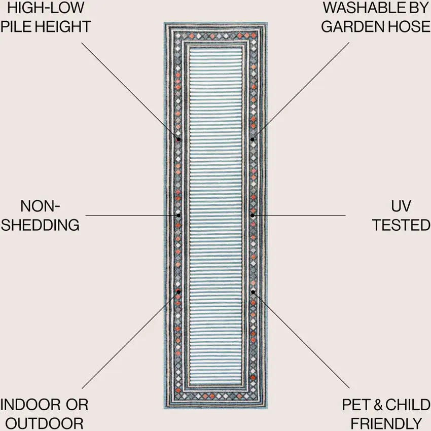 8' Blue And Ivory Geometric Indoor Outdoor Runner Rug Photo 8