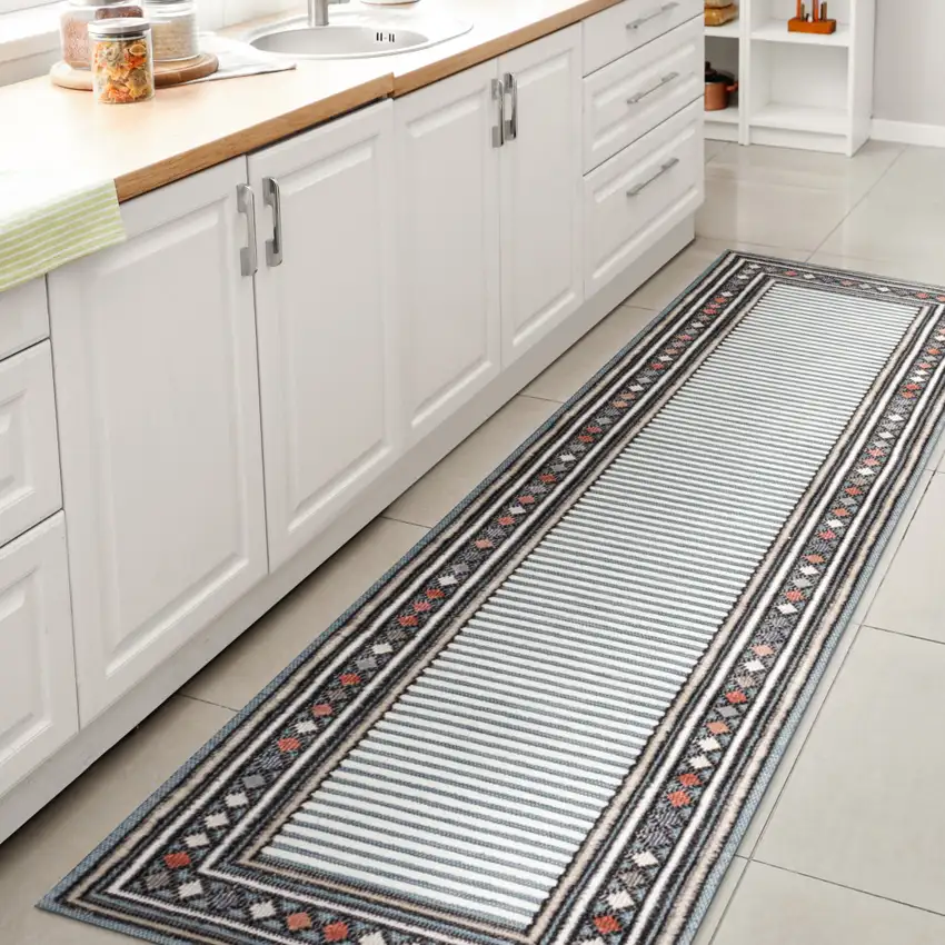 8' Blue And Ivory Geometric Indoor Outdoor Runner Rug Photo 6