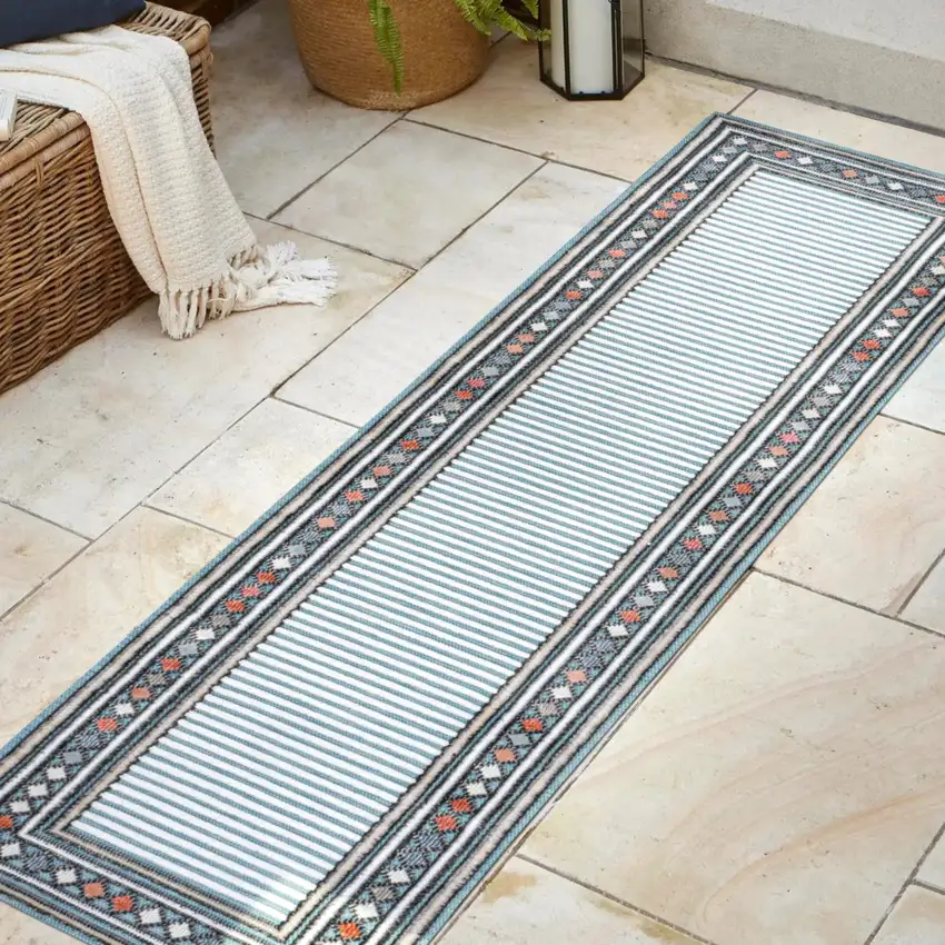 8' Blue And Ivory Geometric Indoor Outdoor Runner Rug Photo 5
