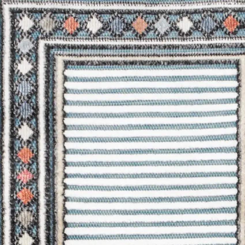 8' Blue And Ivory Geometric Indoor Outdoor Runner Rug Photo 2