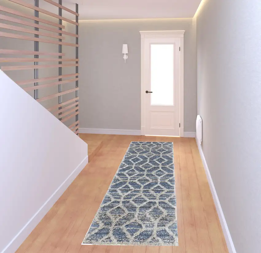 8' Blue And Ivory Geometric Power Loom Stain Resistant Runner Rug Photo 2