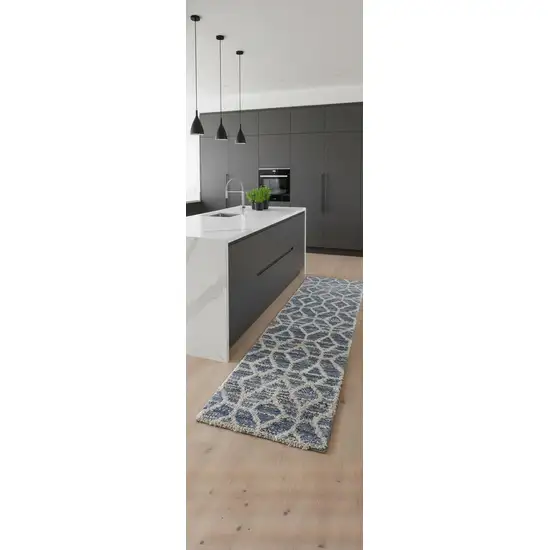 8' Blue And Ivory Geometric Power Loom Stain Resistant Runner Rug Photo 1