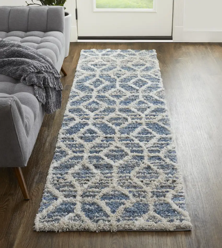 8' Blue And Ivory Geometric Power Loom Stain Resistant Runner Rug Photo 3