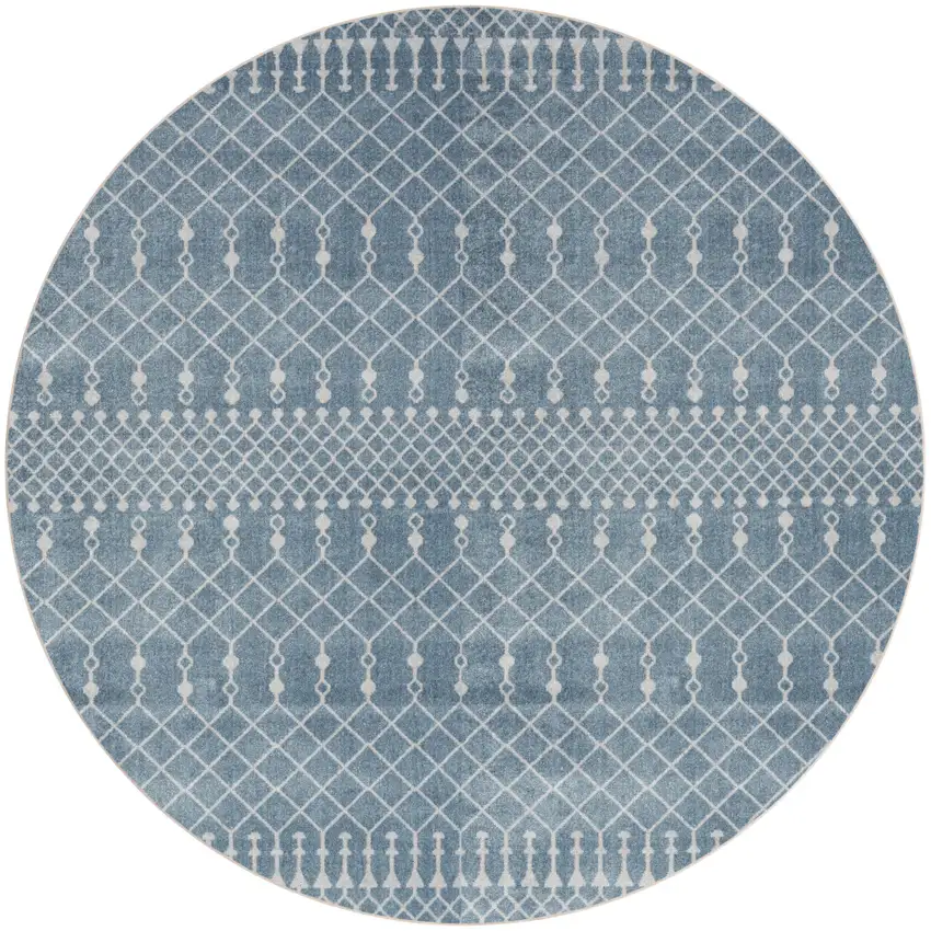 8' Blue And Ivory Geometric Round Rug Photo 3