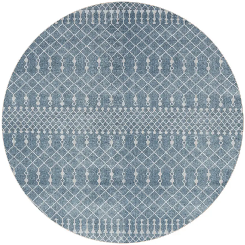 8' Blue And Ivory Geometric Round Rug Photo 2